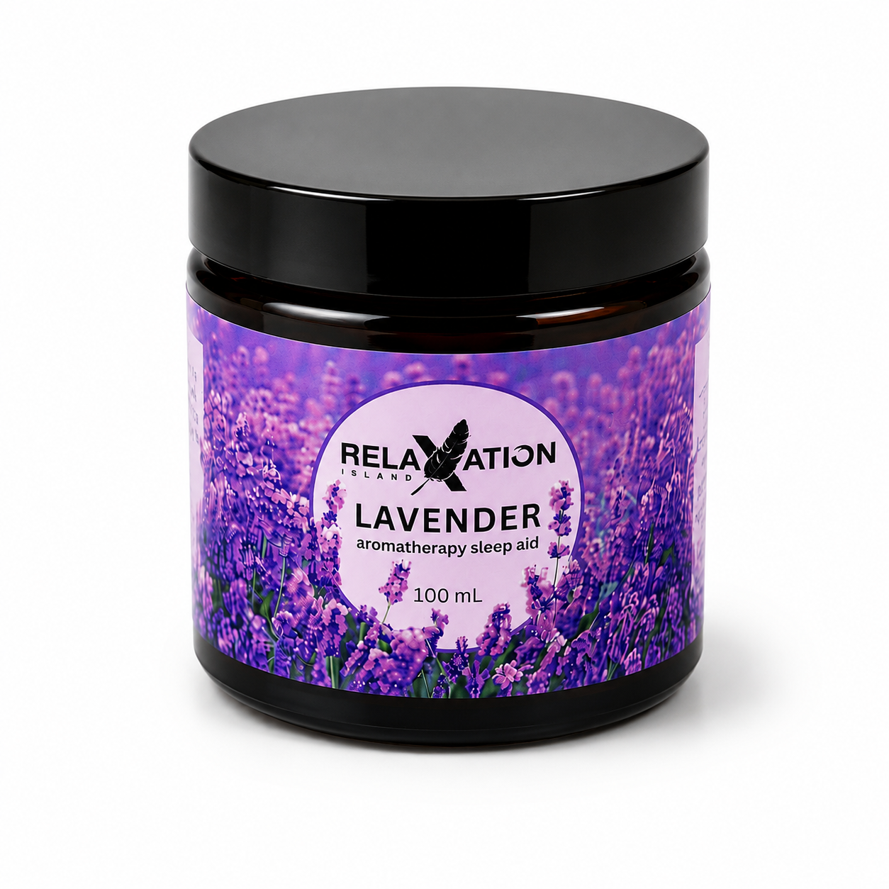 Relaxation Island Lavender Aromatherapy Bedside Jar 100 mL with black lid and lavender label