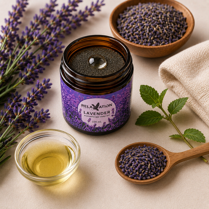 Lavender Aromatherapy Bedside Jar with lavender flowers, dried lavender buds, oil and botanical ingredients
