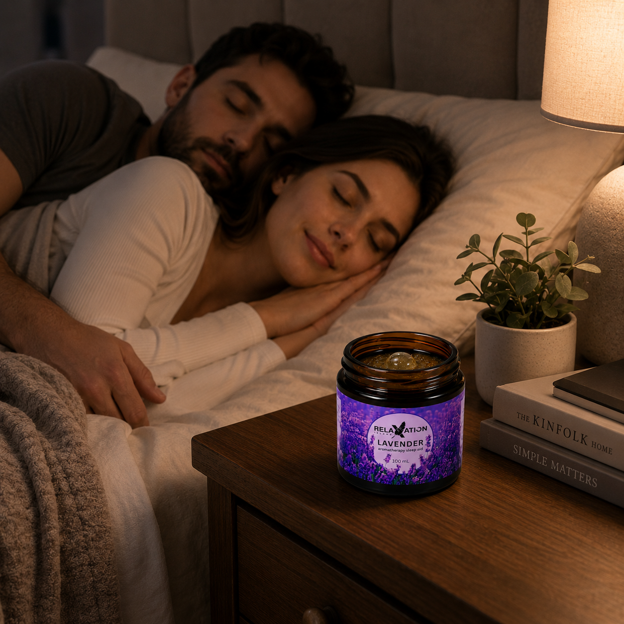 Couple sleeping peacefully with Lavender Aromatherapy Bedside Jar on the bedside table
