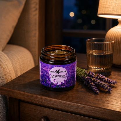 Lavender Aromatherapy Bedside Jar on a wooden nightstand beside lavender and a glass of water