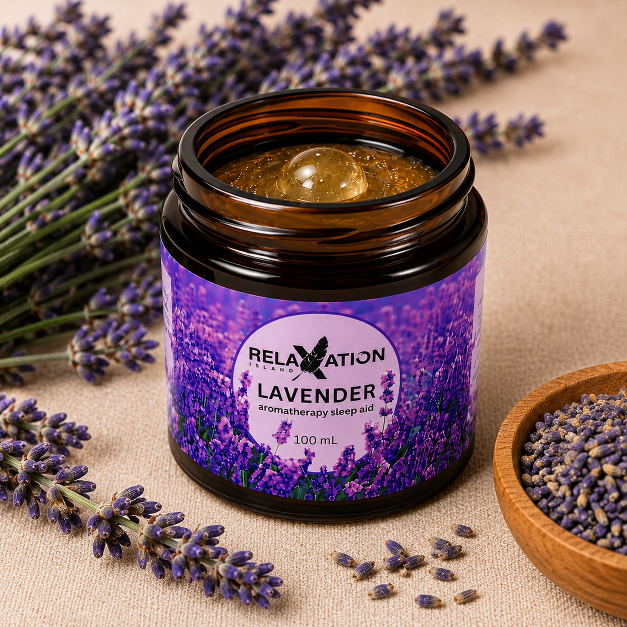 Open Lavender Aromatherapy Bedside Jar surrounded by lavender flowers and dried lavender buds