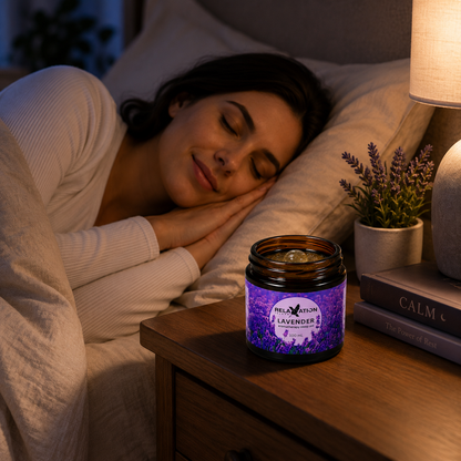 Woman sleeping peacefully beside Relaxation Island Lavender Aromatherapy Bedside Jar