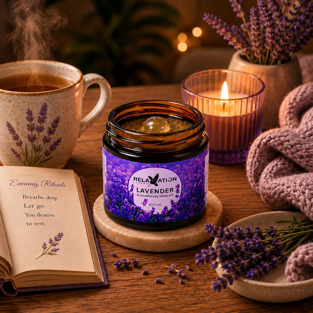 Lavender Aromatherapy Bedside Jar with tea, candle, book and lavender for an evening relaxation routine