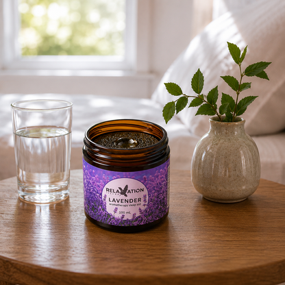 Lavender Aromatherapy Bedside Jar on a morning bedside table with water and fresh greenery