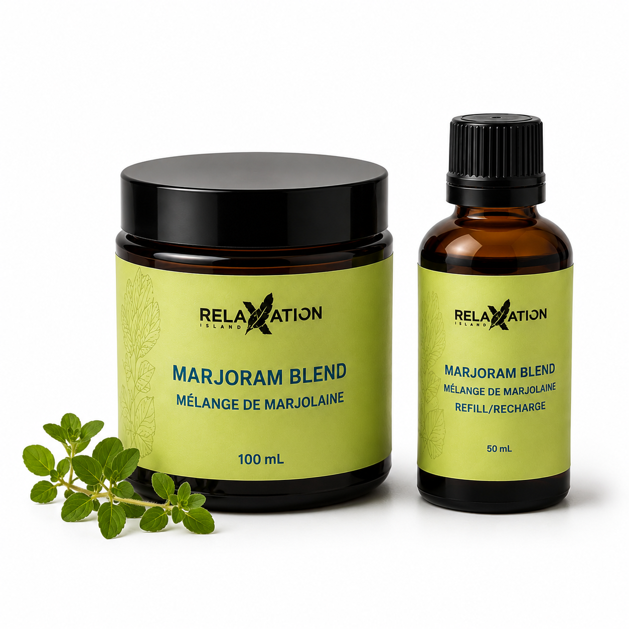Marjoram Blend 50 mL refill bottle beside the 100 mL aromatherapy jar
