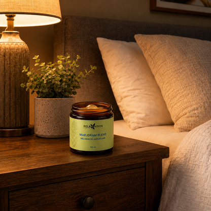 Marjoram Blend aromatherapy jar on a bedside table as part of a relaxing bedtime routine