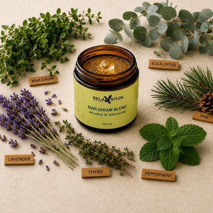 Marjoram Blend made with marjoram, eucalyptus, lavender, pine, thyme and peppermint essential oils