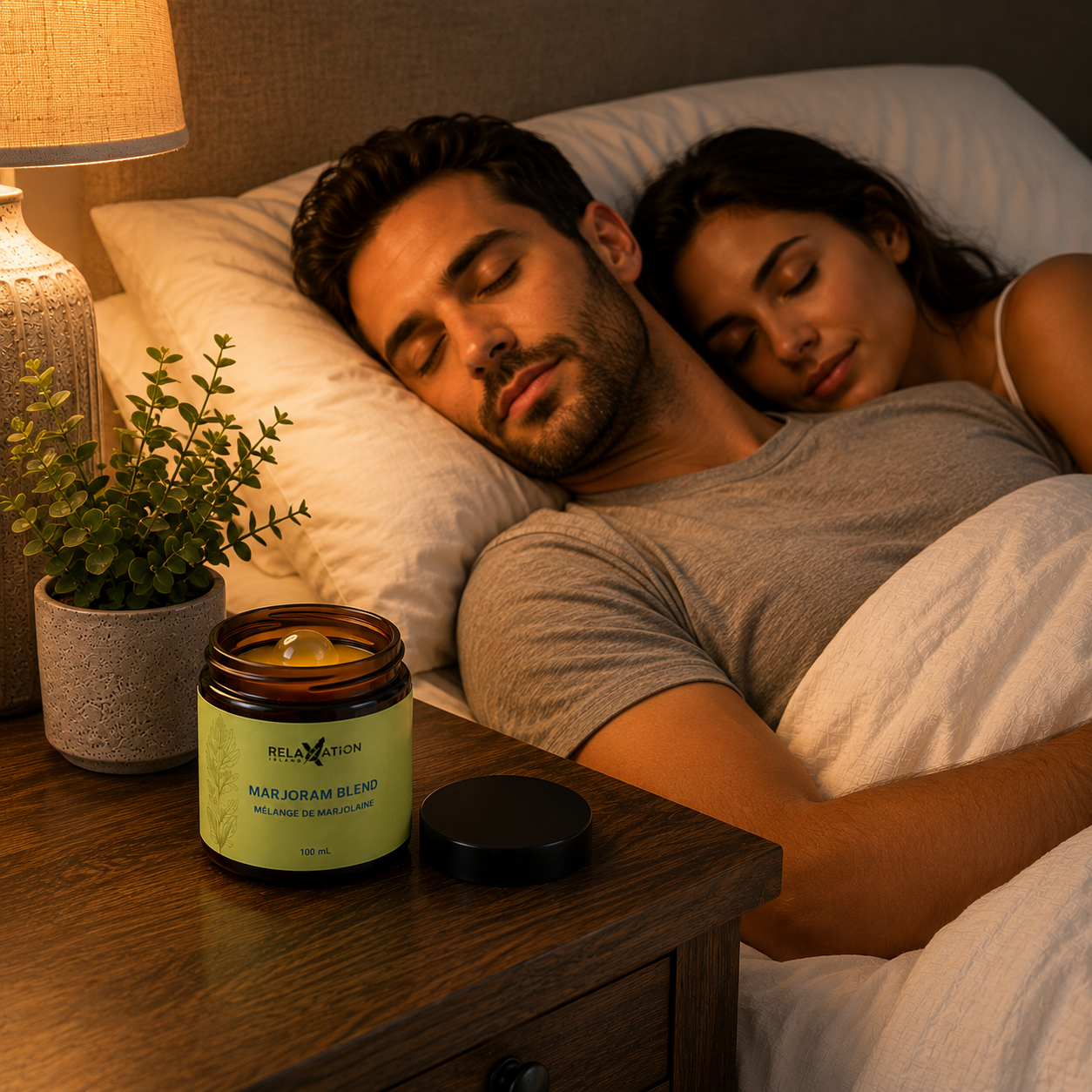 Couple sleeping peacefully with Marjoram Blend aromatherapy jar on the bedside table