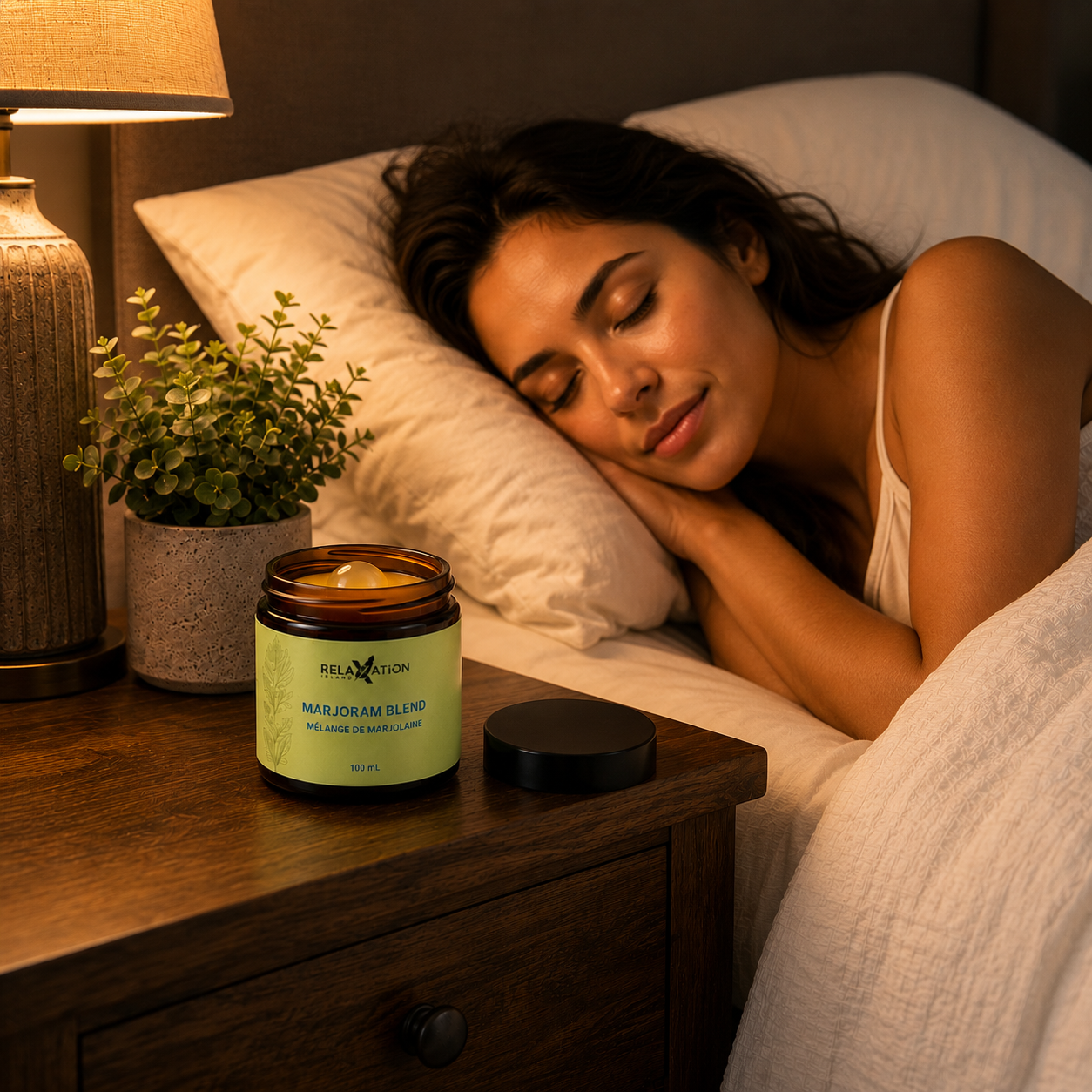 Woman sleeping peacefully beside Relaxation Island Marjoram Blend aromatherapy jar