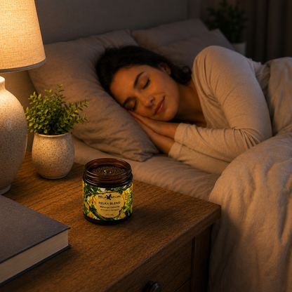 Relax Blend aromatherapy jar on a bedside table beside a peacefully sleeping woman
