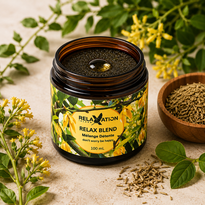 Relax Blend aromatherapy jar surrounded by natural botanicals and essential oil ingredients