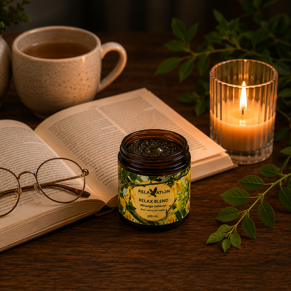 Relax Blend aromatherapy jar with tea candle and book creating a relaxing evening ritual