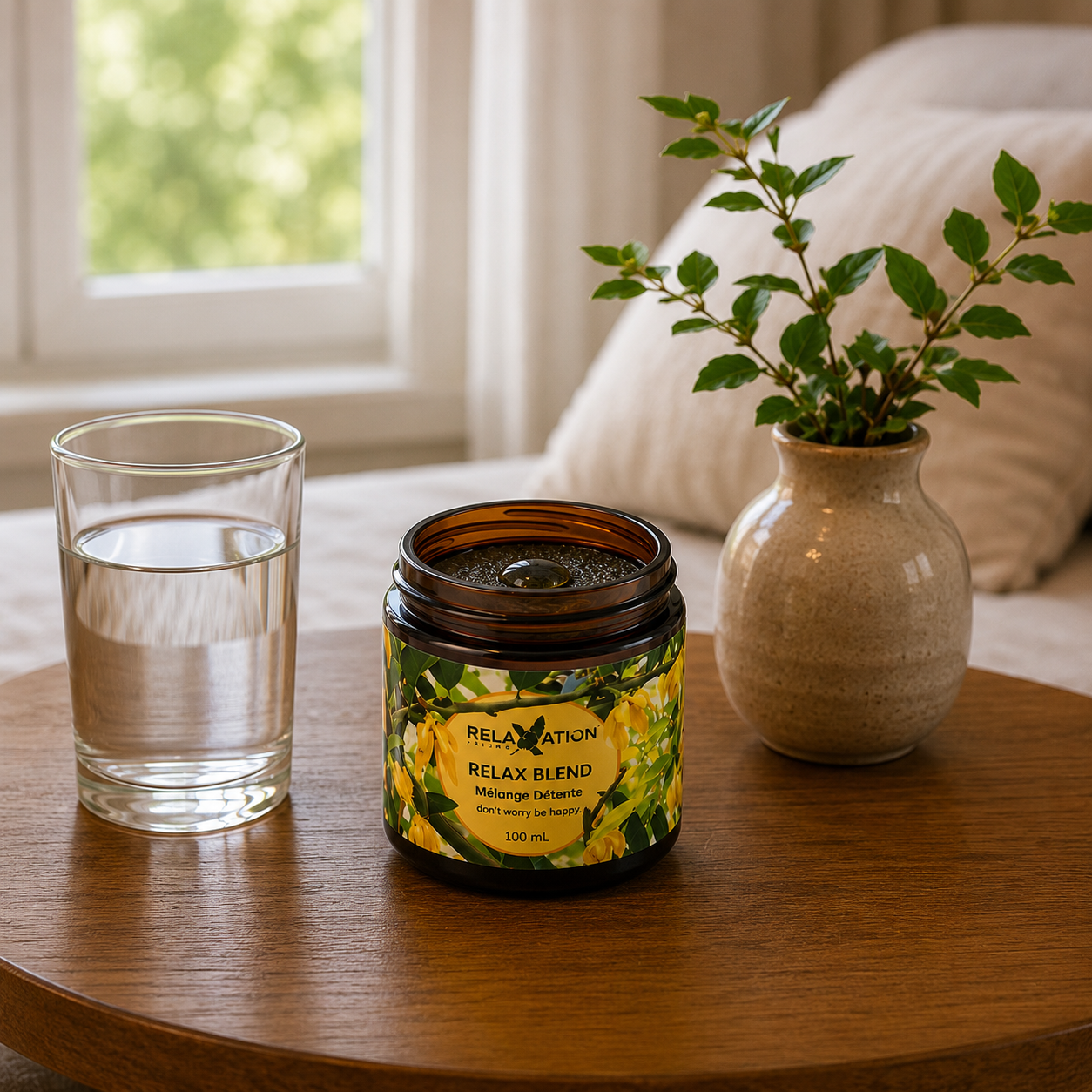 Relax Blend aromatherapy jar beside a glass of water in a bright peaceful bedroom