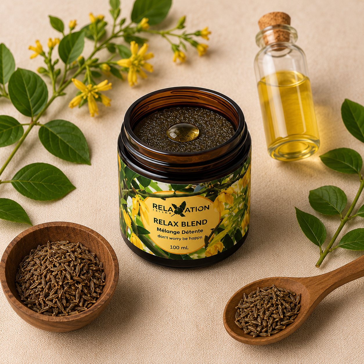 Relax Blend aromatherapy jar with natural botanical ingredients and essential oils