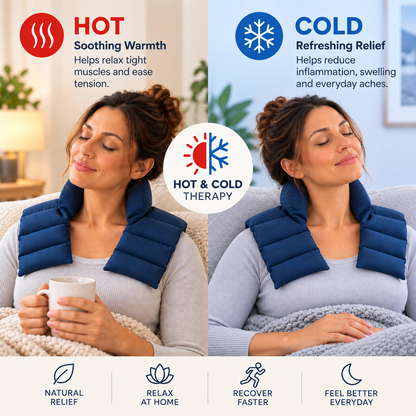 Hot and cold therapy infographic showing a woman wearing the Relaxation Island navy blue neck and shoulder wrap, with heat and snowflake symbols.