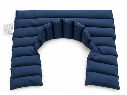Navy blue Relaxation Island hot and cold neck and shoulder wrap laid flat on white, showing its raised neck support and quilted chest extensions.